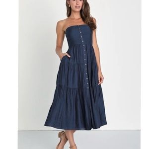 NWT Lulus Sweetness and Sunshine Navy Blue Strapless Pockets Midi Dress LARGE